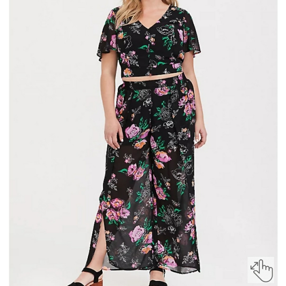 Torrid Black Floral Chiffon Tulip Top Pant Set Smocked Size 2-3